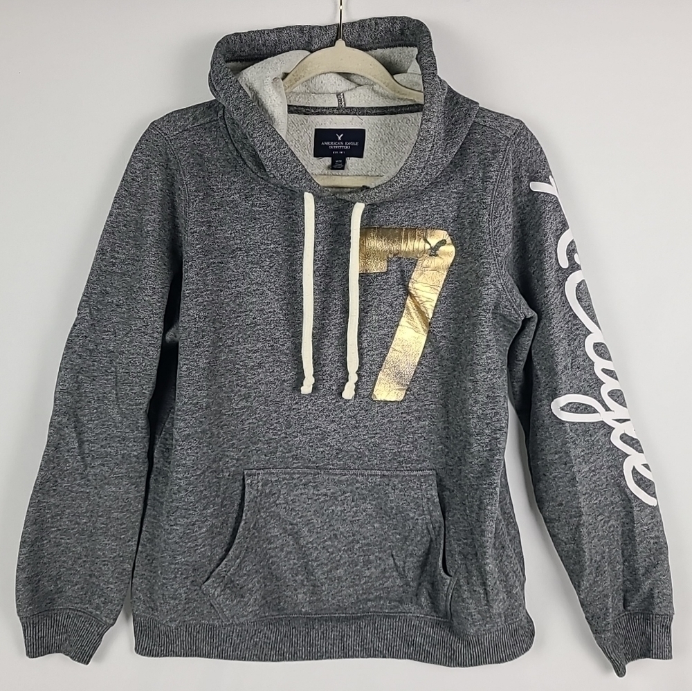 American Eagle Grey with Gold Accent Hoodie Drawstring Sweatshirt Sz M EUC